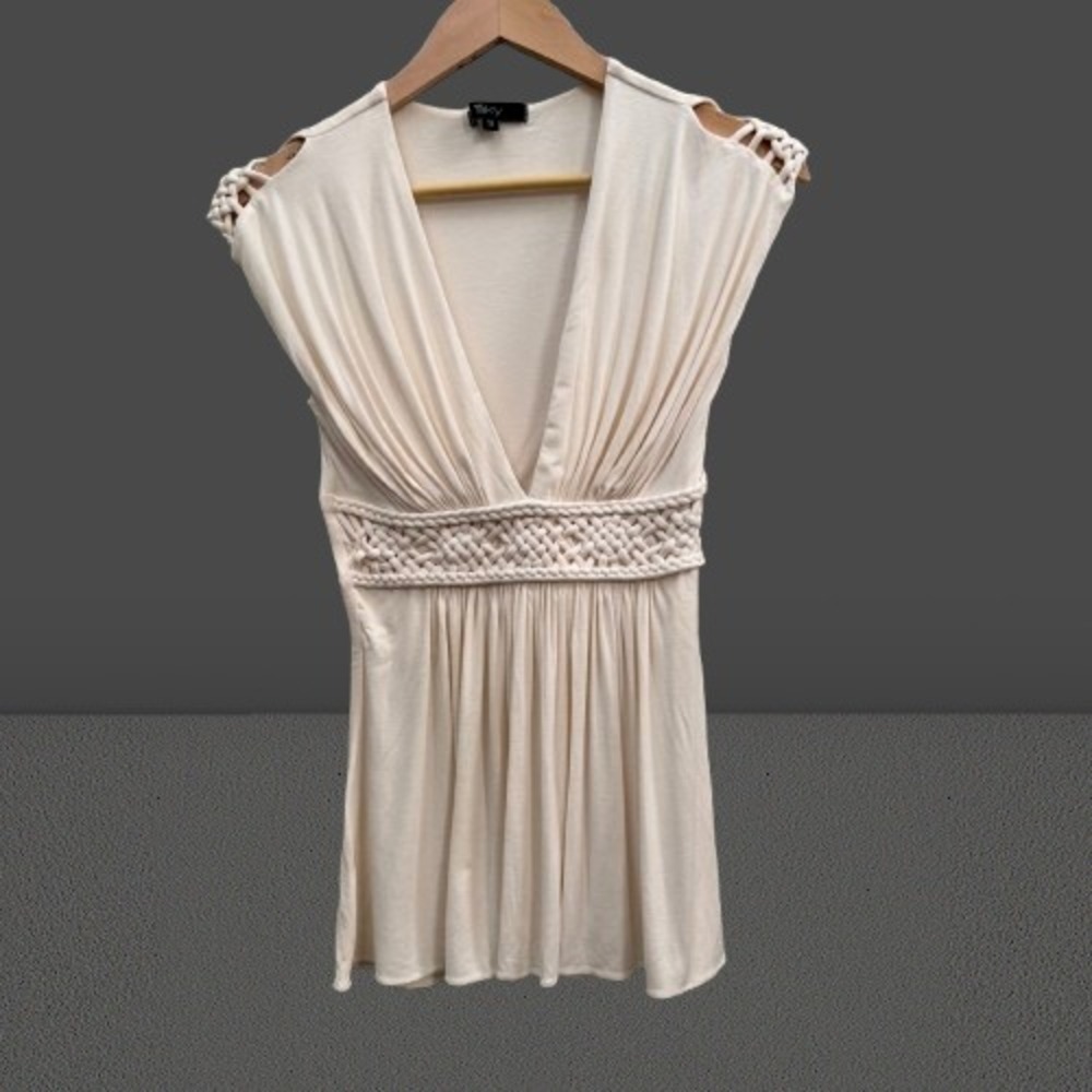 NEW Sky Cream Ivory Braided Empire Waist V-Neck Sleeveless Tunic Top Small - Picture 2 of 4